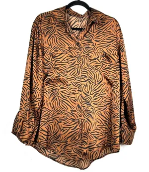 L Zara Women's Brown Tiger/Animal Print Stripes Button-Up Shirt Top Satin thumbnail 1