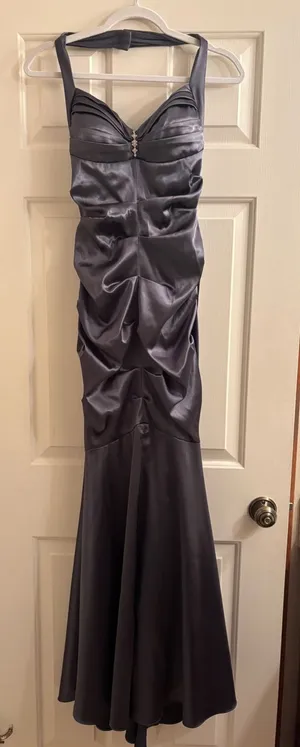 Blondie Nites Silver-Gray Ruched Satin Prom Gown thumbnail 1