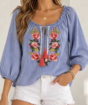 THML Medium Blue Stripe Floral Embroidered Boho Peasant Blouse thumbnail 1