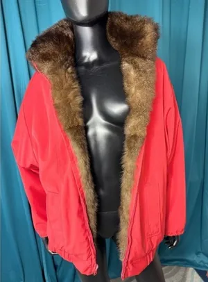Vintage Red Fur Lined Bomber Jacket Heavy Winter Coat Real‎ Fur Trimmed Collar thumbnail 1