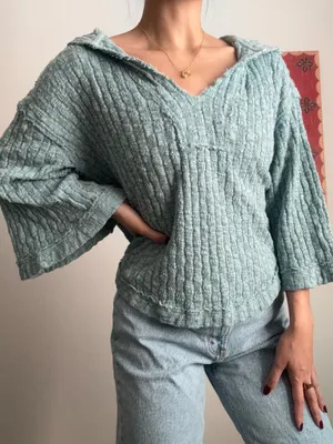 Free people Light blue hooded oversized knit sweater poncho with bell sleeves thumbnail 1