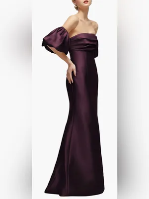NEW Alfred Sung Off the Shoulder Puff Sleeve deep plum Satin Gown Sz 16 thumbnail 3