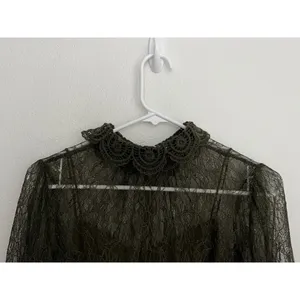 Alice + Olivia Moss Green Bell-Sleeve Crochet Collared Top Boho Fairy Grunge Witchy Ethereal thumbnail 8