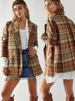 Free People Wool Mari Tartan Plaid Blazer Winter Wheat Large Dark Academia thumbnail 2