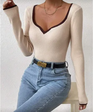 SheIn Contrast Binding Sweetheart Neck Ribbed Knit Long Sleeve Top thumbnail 3