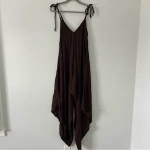 Bagus Brown Lagenlook Style Wide Leg V Neck Boho Casual Jumpsuit Tie Straps OS thumbnail 3