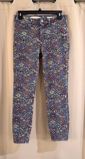 Anthropologie Blue Corduroy Mosaic Printed Skinny Jeans thumbnail 1
