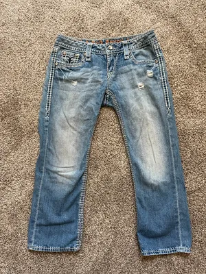 Rock Revival Y2K Denim Capris Ultra Low Rise McBling Bedazzled Pockets Size 27 thumbnail 1
