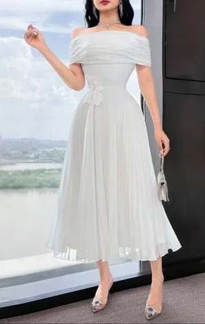 Off-Shoulder White Midi Dress with Pleated Skirt thumbnail 1
