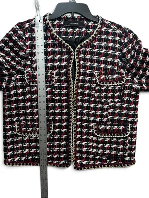 Zara Basic Tweed Bouclé Jacket Women’s L Red Black White Gold Trim Blazer thumbnail 7