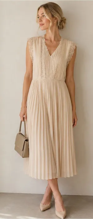 Banana Republic Lace Pleated Midi Dress Cream Romantic Cottagecore Size 6 thumbnail 1