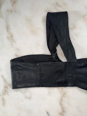ZARA Black Leather One Shoulder Knot Crop Top Lambskin Stretch Band Small EUC thumbnail 4