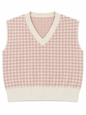 Pink & Cream Gingham V-Neck Sweater Vest Preppy Coquette Knit Top S/M thumbnail 1