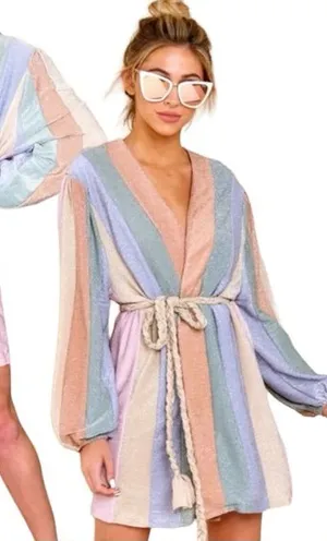 Main Strip Pastel rainbow wrap dress robe long sleeve shimmery glitter metallic QOS mini thumbnail 1