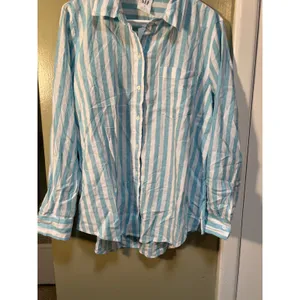 Gap Womens Sz Medium Linen Blend Easy Shirt Button Down Teal White Stripe Pocket thumbnail 5