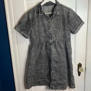 Charcoal Gray Black Acid Wash Button-down Short-sleeve Babydoll Dress W-672 Sz S thumbnail 3