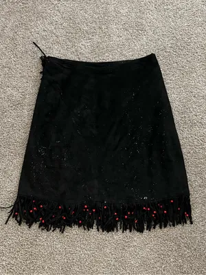 Vintage Black Suede Fringe Red Bead Western Wrap Midi Skirt L XL Cowgirl thumbnail 7