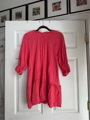 Midi-Length Pink Peasant Dress with Ruffled Tier Detail thumbnail 2