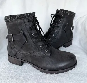 Crown Vintage Racine Combat Boots Womens Size 9.5M Black Side Zip Buckle Strap thumbnail 1