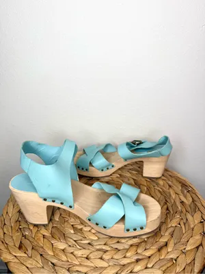 Loft Leather Platform Clog Sandals Buckle Strap Light Blue Criss cross strap thumbnail 4