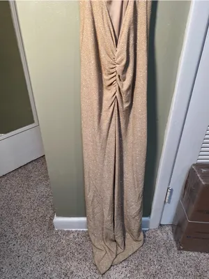 Vintage Bari Jay Women's Maxi Dress Halter V-Neck Cinched Beige‎ Gold Glitter thumbnail 8