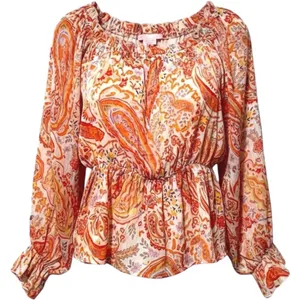 Pink Lily Off the Path Peplum‎ Blouse Orange Paisley Long Sleeve Womens Medium thumbnail 1
