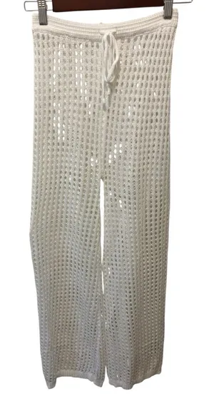 Boutique Full Length Crochet White Beach Swim Cover Pant Sz S Drawstring Knit thumbnail 1