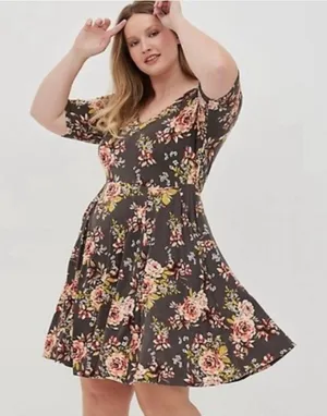 Torrid Super Soft Mini Skater Dress Gray Pink Floral Size 2 2X Pockets thumbnail 1