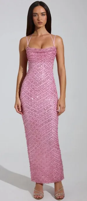 Oh Polly Constance Embellished Cowl-Neck Maxi Dress in Pink Size 2 New thumbnail 1