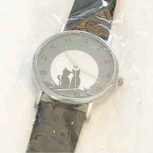 Stainless Steel Black Leather Cat Kitten Big‎ Head Adjustable Watch NEW thumbnail 3