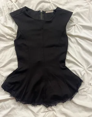 Black Sleeveless Peplum Top with Lace Trim thumbnail 1