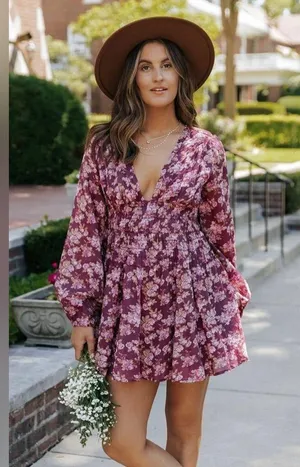 Free People Mauve Keep You Floral Smocked V Neck Mini Dress Berry Combo S thumbnail 4