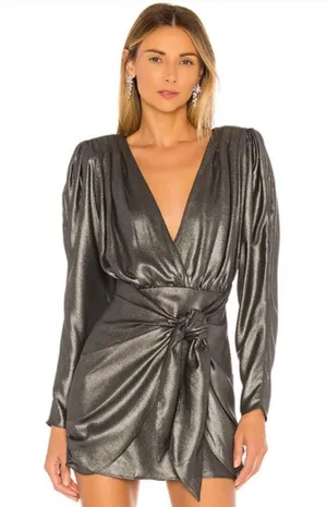 L'Academie The Dore Silver Front Tie Long Sleeve Mini Dress thumbnail 1