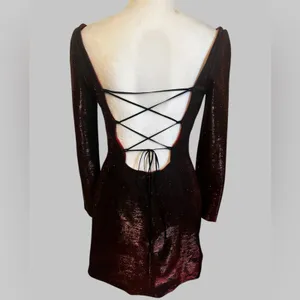 Sherri Hill 52978 Long Sleeve Formal Mini Dress Red Black Shimmer Lace Up Back thumbnail 4