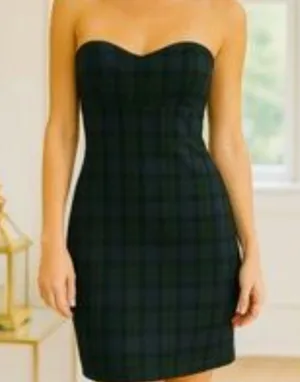Zara Strapless Green Plaid Sheath Dress thumbnail 1