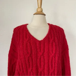 Solid Red Cable Knit V-Neck Cropped Sweater thumbnail 2