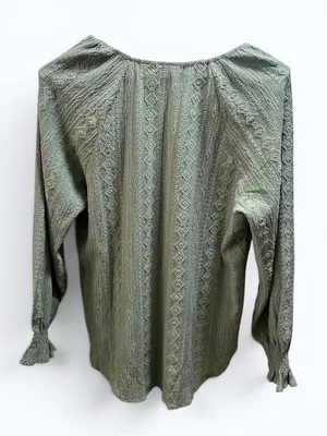 Frye Textured Long Sleeve Peasant Blouse Boho Western Eyelet top green sage Med thumbnail 4