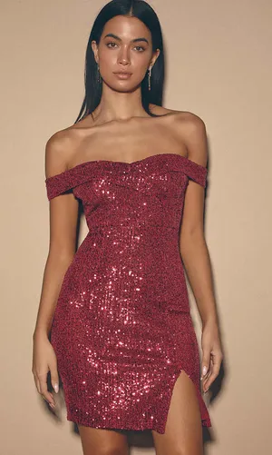 New Lulus Once in a Lifetime Wine Red Sequin Off-Shoulder Mini Dress MSRP $74 thumbnail 1
