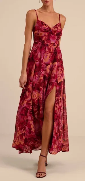 Lulus Beautiful Soul Floral Print Twist-Front Maxi Dress Burgundy XL NWT thumbnail 1