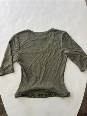 Vintage VTG IZUMI Short Sleeve Stretchy Ruffle Trim Y2K V Neck Top Olive Green S thumbnail 2
