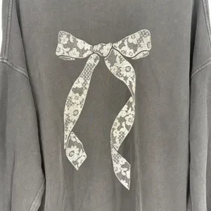 Aerie Lace Ribbon Bow Sweatshirt Charcoal Gray Oversized Keyhole Back Medium thumbnail 4