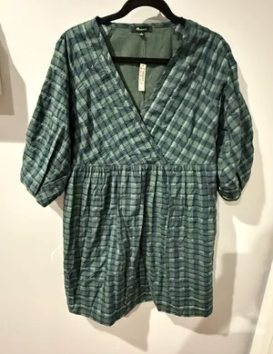 NWT Madewell Marianna Puff-Sleeve Mini Dress M Medium Plaid Green‎ X thumbnail 1