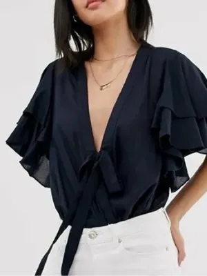 Free People Intimately “Call Me Later” Black Flutter‑Sleeve Bodysuit – Size Smal thumbnail 1