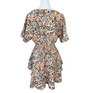 Zara AOP Ikat Print Tiered Elastic Waist Dress Tan Green Tribal MEDIUM Boho Chic thumbnail 4