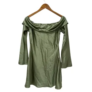 Lulus Luxurious Vision Olive Green Satin Off-the-Shoulder Mini Dress size L NWT thumbnail 5