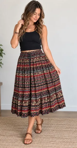 Requirements Women’s XL Boho Paisley Floral Rayon Midi Skirt Drawstring thumbnail 1