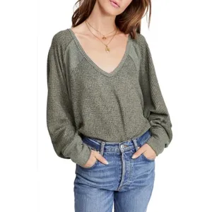 Free People We The Free Santa Clara Thermal Top Olive Green Waffle Knit Medium thumbnail 2