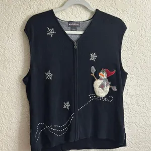 Woolrich Sweater Vest Black L Womens Snowman Snowflake Embroidered Holiday thumbnail 3