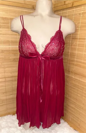 Victoria’s Secret Red Burgundy Pleated Babydoll Chemise sheer lace Lingerie top thumbnail 1