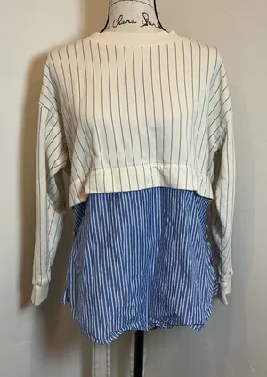 Anthropologie Mixed Media Pinstripe Tie Back Sweatshirt Top Blue Cream Medium M thumbnail 1